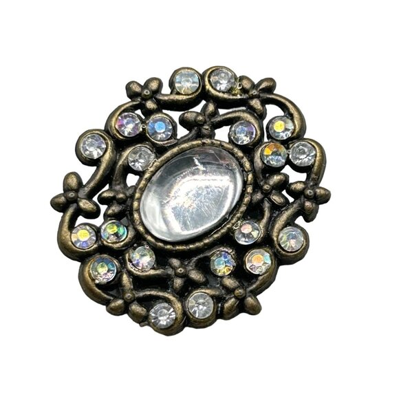 Pretty Rhinestones Pin Brooch Moonglow Acrylic Cabochon Antique Style Jewelry - Picture 1 of 6